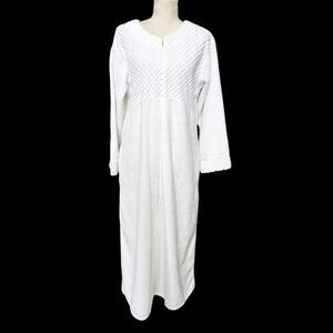 Vintage 70s Stan Herman White Terry Zip Front House Dress Robe Med